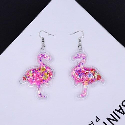 Cute Cartoon Flamingo Transparent Dangle Drop Earrings Romantic Harajuku Quicksand Earrings for Woman Girl Sweet Party Jewelry