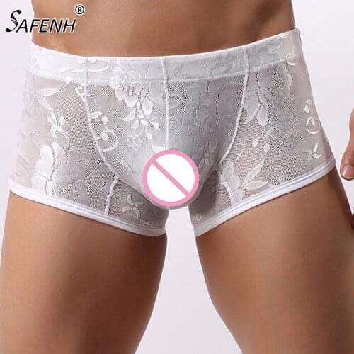 Mid waist panties Men Sexy Lace underwear underpants transparent breathable boxer underwear printing hombre shorts 2Colors M-XL