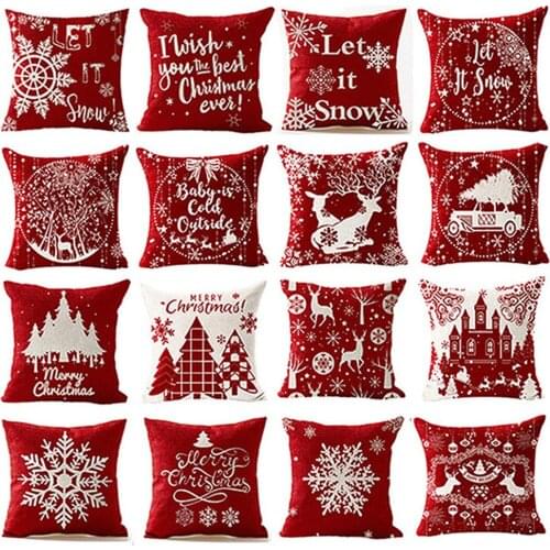 Christmas Party Decoration Elk Snowflake Series Linen Sofa Car Cushion Cover Red Christmas Pillowcase