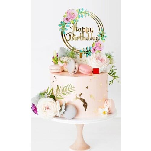 Thicken Happy Birthday Acrylic Cake Topper Gold Garland Flowers Cake Topper For Birthday Party Cake Decorations Baby Shower