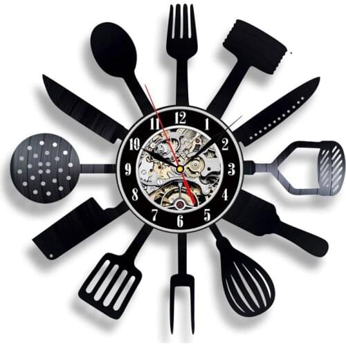Spoon Fork Decorative Kitchen Vintage Vinyl Clock Cutlery Vinyl Record Wall Clock Modern Design Wall Watch Home Decor Silent