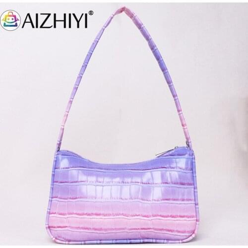 Gradient Color PU Leather Vintage Mini Shoulder Underarm Bag Alligator Pattern Zipper Women Fashion Handbags Purse