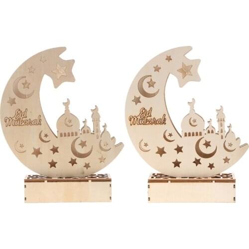 WoodenMoon LED Light Eid Mubarak Ramadan LED Light DIY Muslim Islamic Decor Wooden Moon Ornaments