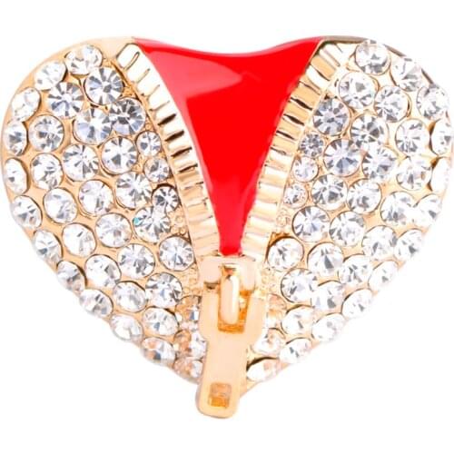 Funmor Zipper Red Love Heart Brooches Crystal Rhinestone Enamel Costume Jewelry Shirt Suit Collar Clip Women Men Party Brooch