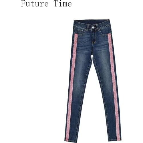 2018 European Women Jeans Side Stripe Pink Washed Slim Elastic Mid Waist Full Length Pencil Pants Fashion New Denim Pants NZ293