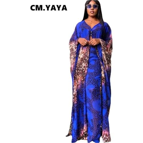 CM.YAYA Women Set Print Chiffon Full Sleeve Long Cloak Wide Leg Pants Two 2 Piece Set Sexy Fashion High Streetwear Summer Outfit