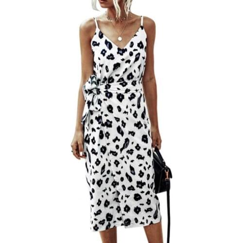 Women Dress Leopard Print Split Summer Sleeveless Tie Beach Dresses Leopard print sleeveless slit design dress Women sexy robe