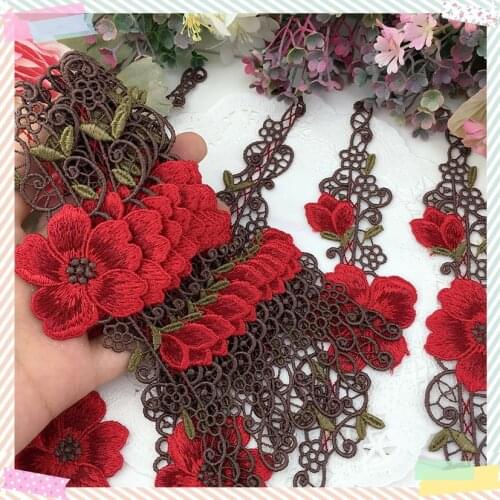 2pcs/lot)red flower dark green leaf sewing Floral Motif Venise Lace Applique for Garment Embroidery Lace patches 2018082403