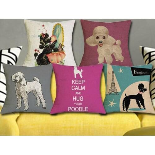 45*45 CM Cute Dog Cushion Cover Poodle Printed Cotton Linen Pillow Case Bedroom Sofa Waist Cushion Cover Car Seat Decor