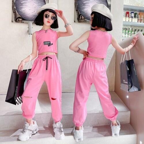 Teenagers Kid Dance Umbilical Dress Suit 2021 Girls Summer Sleeveless Vest + Ripped Casual Trousers 2PCS Girls Sports Dance Suit
