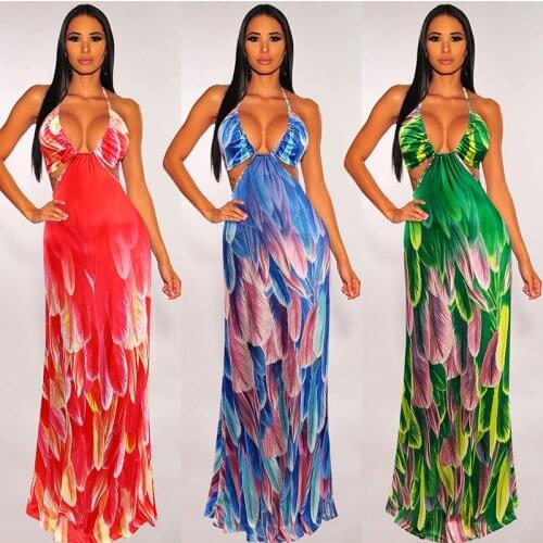 Echoine Women Bohemian Maix Dress Print Sleeveless Halter Bandage Hollow Out Long Dresses Sexy Night Party Dress Summer Outfits