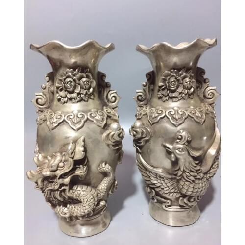 Chinese Tibetan Silver Carving Dragon And Phoenix Chengxiang Flower Vase Animal Statue Decorative Vase Beautiful Gift