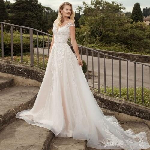 Lceland Poppy A-line Scoop Neck Lace Wedding Dresses 2021 Short Sleeves Floor Length Tulle Bridal Gowns with Beading Belt