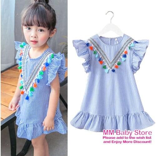 Summer Girls Short Sleeve Tassel Flying Sleeve Dress Stripe Cute Kids Party For Girls Princess Dress Clothes Baby Girls Clothing
