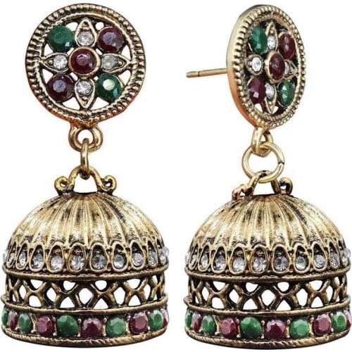 Milangirl Boho Retro Antique Gold Color Hollow Long Bell Inlaid Crystal Rhinestone Zircon Metal Dangle Earrings