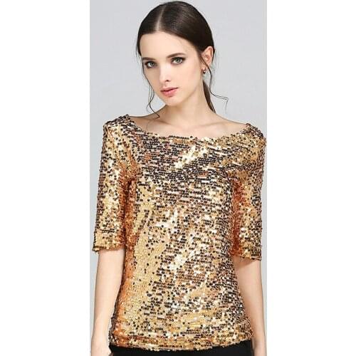 New Half Slveeve Slash Neck Sequins Mesh Sexy Slim T-shirt Women Plus Size S-5XL Tee Shirts Silver Gold Black Casual Tops