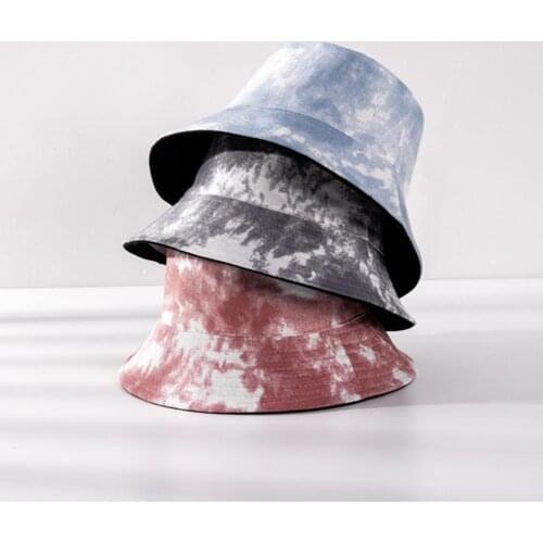 New 2021 Wide Brim Skin-friendly Bucket Sun Hat Double-sided Cotton Tie-dye Wide Brim Unisex Eye-catching Caps for Outdoor
