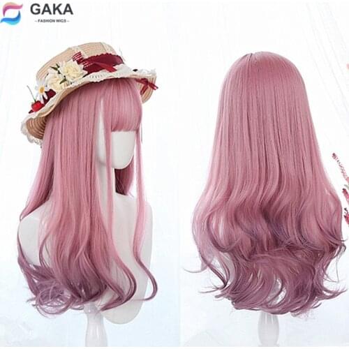 GAKA Lolita Synthetic Wigs Wavy Pink Ombre Cosplay Wig for Women with Bangs Long Natural Heat Resistant Party Hair Dyed Tail