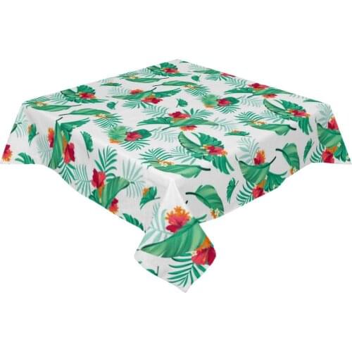 Hibiscus Palm Leaves Tablecloths for Dining Room Kitchen, Red and Green Tropical Floral