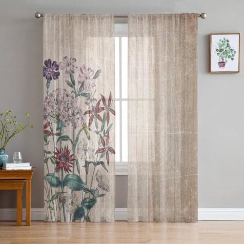 Retro Flower Wood Grain Modern Curtain For Living Room Transparent Tulle Curtains Window Sheer For The Bedroom Accessories Decor