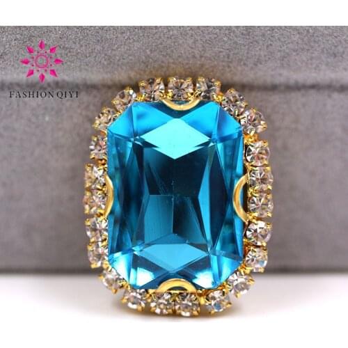Gold base Rectangular octagonal shape Lake Blue sew on rhinestones glass Crystal button DIY Wedding dress/clothing accessories