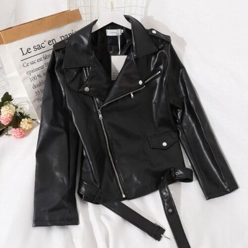 2021 Spring Faux PU Leather Women Biker Jacket Casual Lapel Long sleeve Black Brown Leather Outerwear Streetwear Chaqueta Mujer