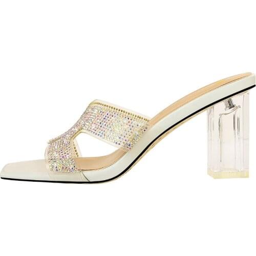 2021 Summer New Women Crystal Sandals Square Heel Ladies Fashion Outdoor High Heels slippers Open Toe Sexy 7cm Transparent heel