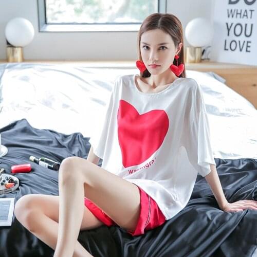Women Print Sweetheart Pajamas Sets 2PCS Loose T-Shirt&Shorts Pyjamas Faux Silk Sleep Suit Loungewear Home Wear Summer Sleepwear