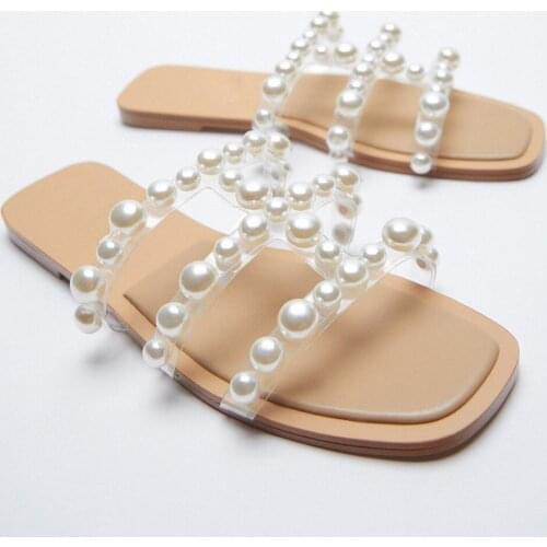 2021 New Arrival Summer Women Pearl Flat Slippers Transparent Outside Slippers Brown Slides Casuals Beach Slippers Hot Sale