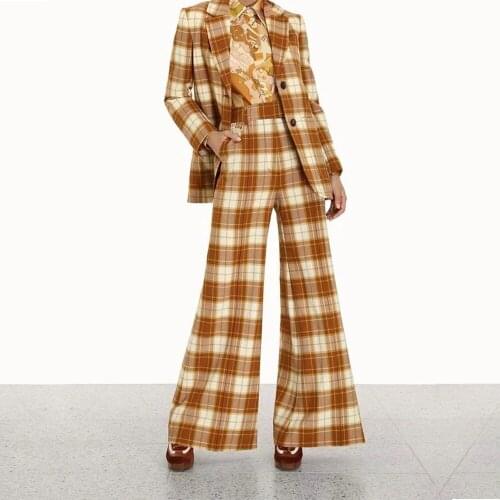 XEASY 2021 Women Two-piece Set Yellow Plaid Vintage Office Lady Single-Breasted Blazer Female High Waist Wide Leg Pants Suits