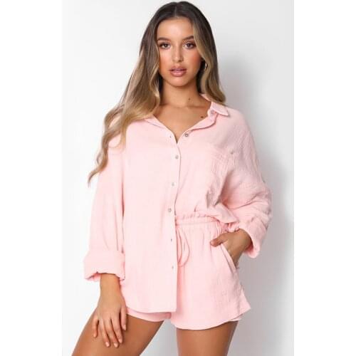Casual Loose 2 Piece Sets Women Turn-Down Collar Long Sleeve Single-Breasted Button Blouse Shirts And High Waist Shorts Sexy Set