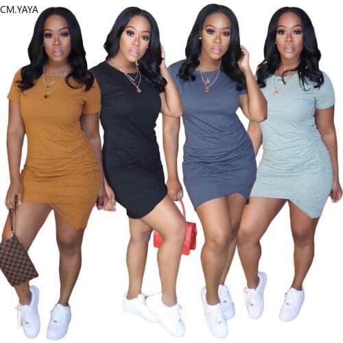 CM.YAYA Women solid color o-neck short sleeve stacked mini dress fashion classic sport bodycon midi dresses
