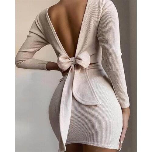 Open Back Bow-Knot Tie Up Long Sleeve Bodycon Dress Women Solid Low Cut Mini Party Dress d88
