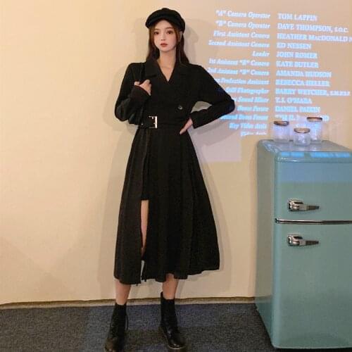 Womens Dress 2021 Autumn Black Long-Sleeve Dark Girl Long Dress Soild High Waist Suit Collar Split A-Line Skirt for Female