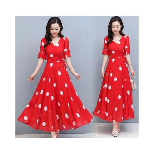 Long Dress Sukienka Fashion Dot Summer Half Bell Sleeve V-neck Long Chiffon Vestidos Robe Femme Vadim 6450