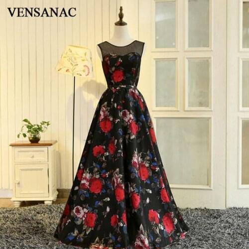 VENSANAC New A Line 2018 Lace O Neck Draped Long Evening Dresses Sleeveless Elegant Flowers Tank Party Prom Gowns