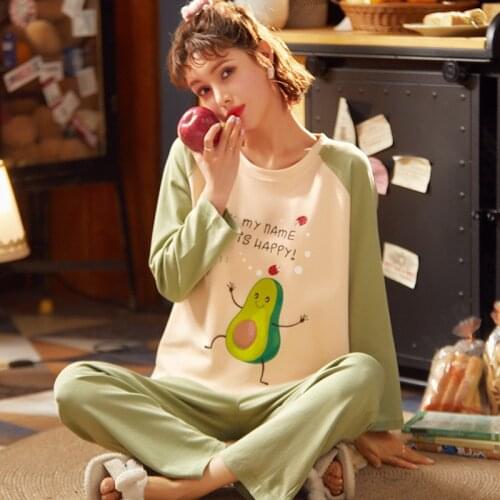 2021 Autumn Pyjamas Women Cotton Long Sleeve Pijama Mujer Sleepwear Two-Piece Set Avocado print Pajamas For Women