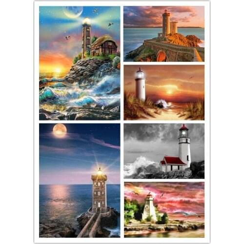 5D DIY Diamond mosaic lighthouse Full square Diamond painting Cross stitch seaside house round Diamond embroidery sea Home Decor