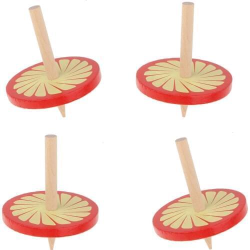 Red Painted Wooden Spinning Tops with Flower Pattern Toy Set, Educational Toys for Kids, 4pcs/set
