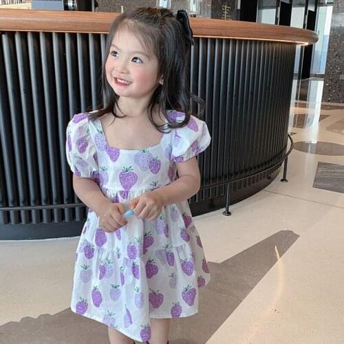Summer Girls Dress Sweet Purple Strawberry Square Collar Puff Sleeves Dress Baby Kids Clothes ChildrenS Clothing