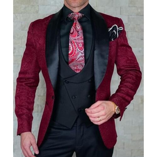 Men Suits Dark Red Pattern and Black Groom Tuxedos Shawl Satin Lapel Groomsmen Wedding Best Man( Jacket+Pants+Vest+Tie ) C771
