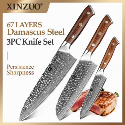 XINZUO 3 PCS Kitchen Knives Set Beauty Veins Japanese Damascus Stainless Steel Chef Santoku Utility Knife Ironwood Handle