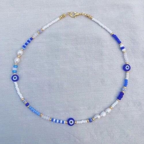 Handmade blue beads white beads beaded necklace women natural pearl neck accessories bohemian fashion eye beads mix and match