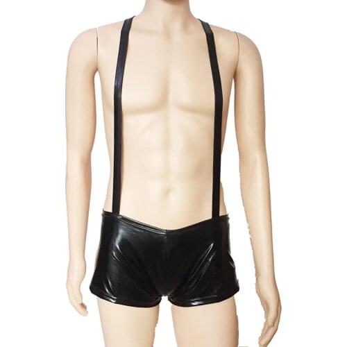 Sexy Fetish Wet Look Shiny Men Singlet Suspender with Boxer Briefs Macho Show Night Club Bodysuit Underwear Bikini Costume