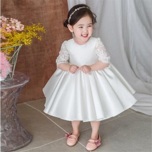 Wedding Girls Gown Princess Kids Dresses For Girl Lace Bow Baby 1st Birthday Party Girls Dress White Baptism Christening Dress