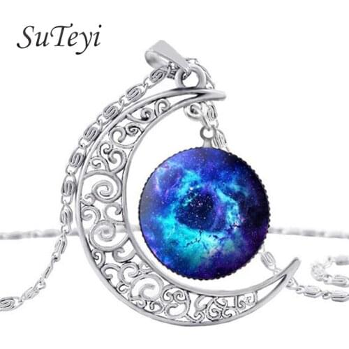 SUTEYI Vintage blue galaxy glass cabochon pendant necklace antique silver Plated moon statement necklaces pendants jewelry women