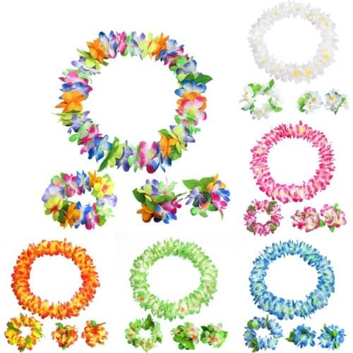 Hawaiian Party Decoration Hula Garland Wreath Necklace Headband Flowers Wristband Bracelet Girl Dress Birthday Party Beach Decor