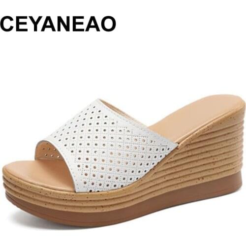 CEYANEAONew women Open toe Wedes fashion sneakers cutouts platform wedge high-heeled shoes slides comfortable lady cow leather