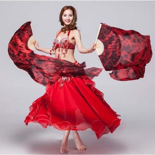 Dance Costume New Women 1 Pair 100% Silk Fans Dance Tie Dye With Bamboo 180cm Belly Veil High Quality Stage Performance Props