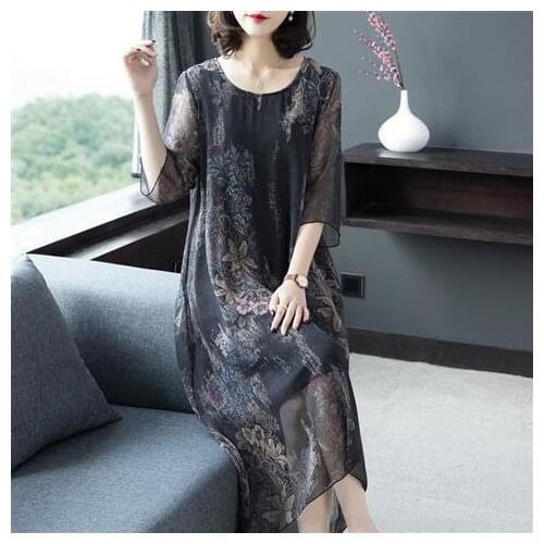 2021 Summer Middle Age Women Print Midi Dresses Lady Casual 5XL Plus Size Loose Dress Elegant Bodycon Party Long Vestidos B144